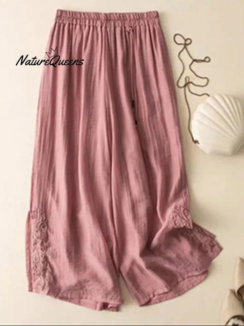 Women's Solid Color Elastic Waist Cotton and Linen Embroidery Wide Leg Pants