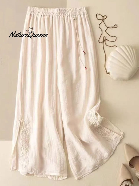 Women's Solid Color Elastic Waist Cotton and Linen Embroidery Wide Leg Pants