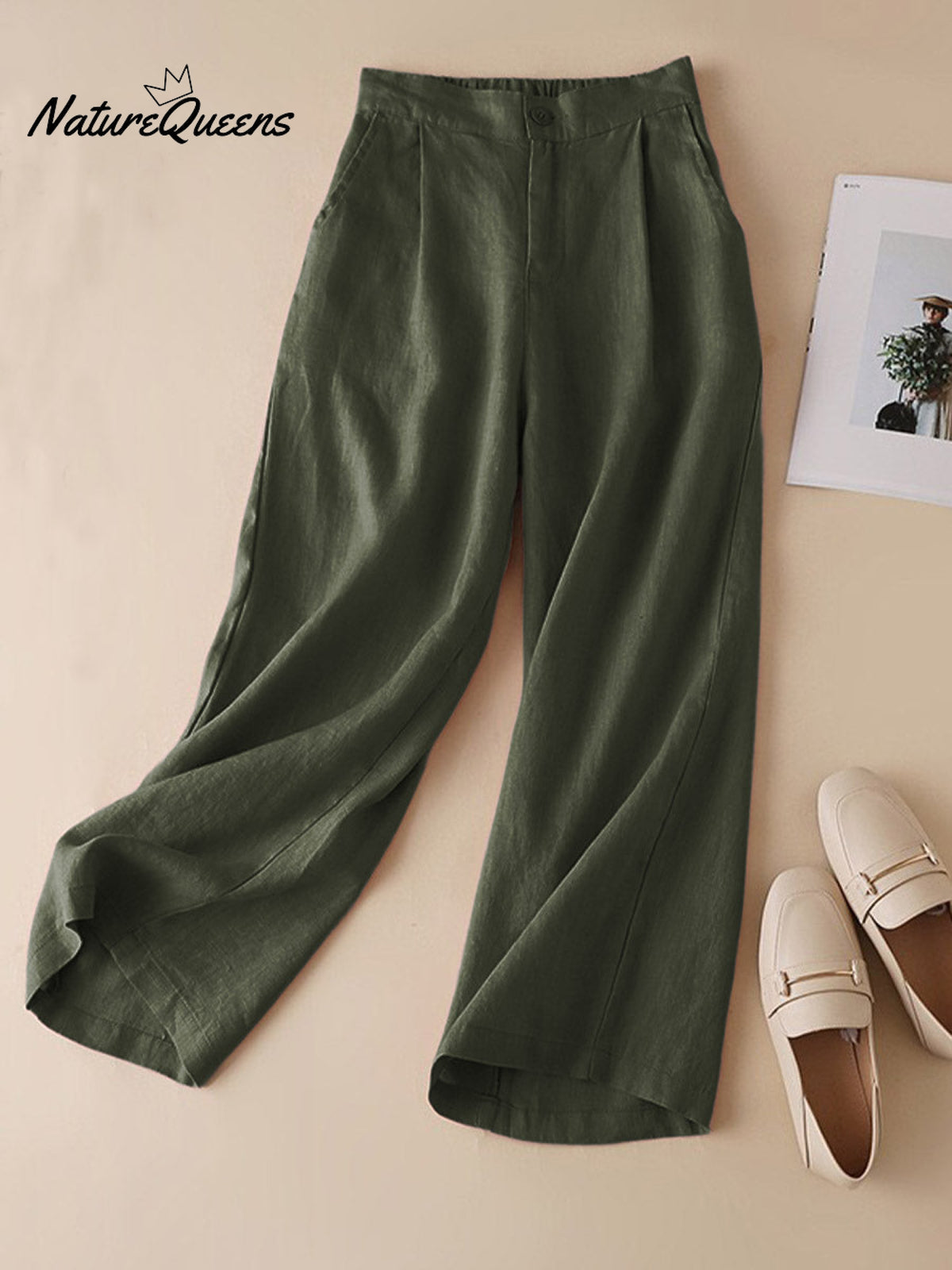 Women's Solid Color Casual Cotton and Linen Cropped Wide Leg Pants