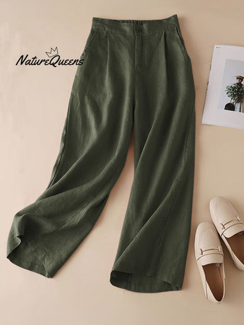 Women's Solid Color Casual Cotton and Linen Cropped Wide Leg Pants