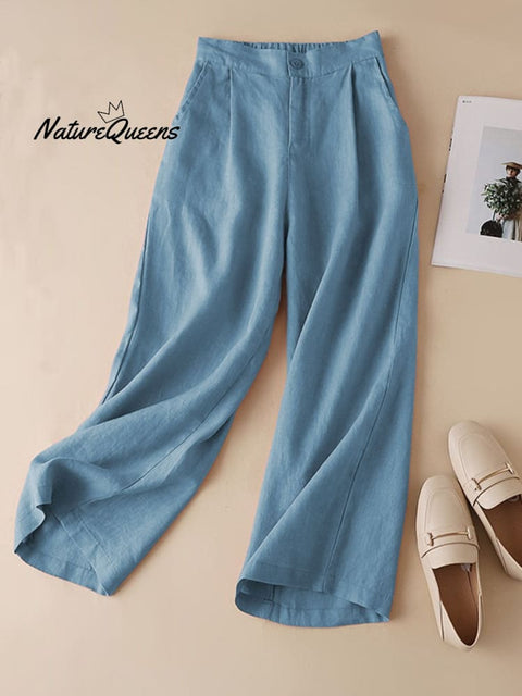 Women's Solid Color Casual Cotton and Linen Cropped Wide Leg Pants