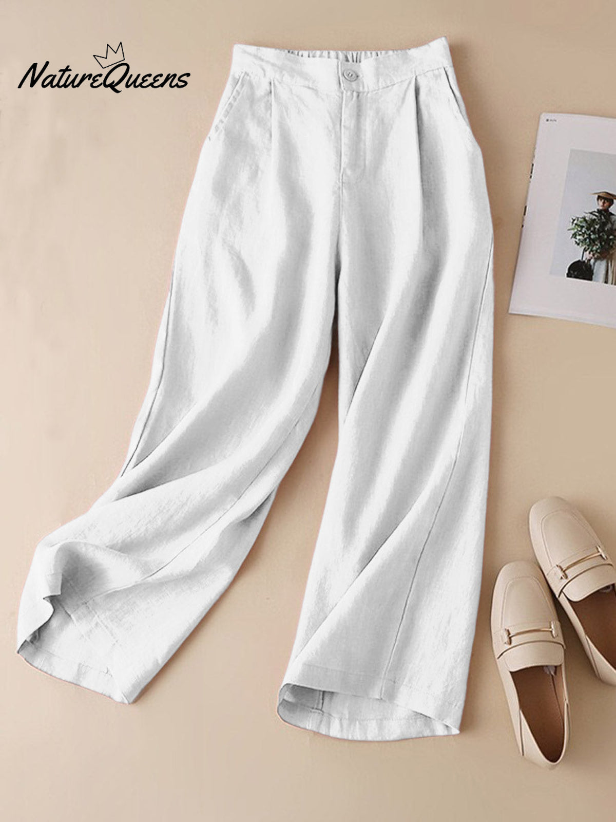 Women's Solid Color Casual Cotton and Linen Cropped Wide Leg Pants