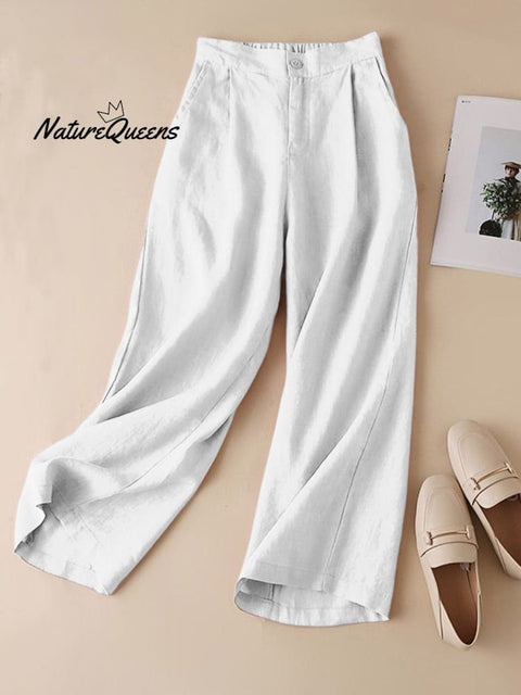 Women's Solid Color Casual Cotton and Linen Cropped Wide Leg Pants