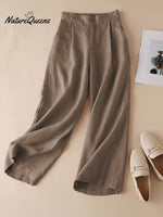 Women's Solid Color Casual Cotton and Linen Cropped Wide Leg Pants