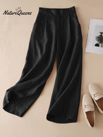 Women's Solid Color Casual Cotton and Linen Cropped Wide Leg Pants