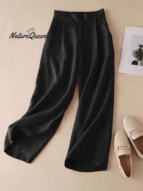 Women's Solid Color Casual Cotton and Linen Cropped Wide Leg Pants