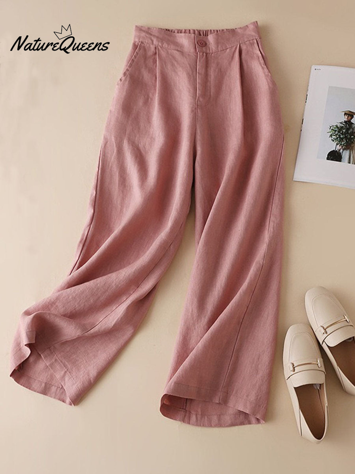 Women's Solid Color Casual Cotton and Linen Cropped Wide Leg Pants