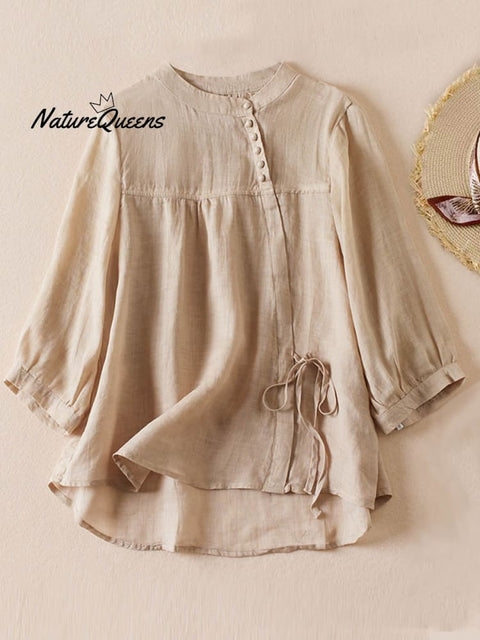 Women's  Solid Color Stand Collar Casual Pullover Chinese Style Cotton And Linen Shirt