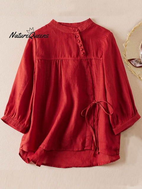 Women's  Solid Color Stand Collar Casual Pullover Chinese Style Cotton And Linen Shirt