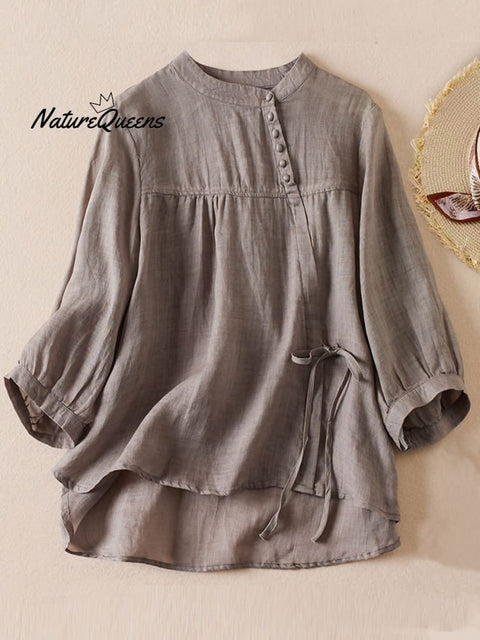 Women's  Solid Color Stand Collar Casual Pullover Chinese Style Cotton And Linen Shirt
