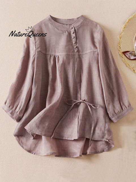 Women's  Solid Color Stand Collar Casual Pullover Chinese Style Cotton And Linen Shirt