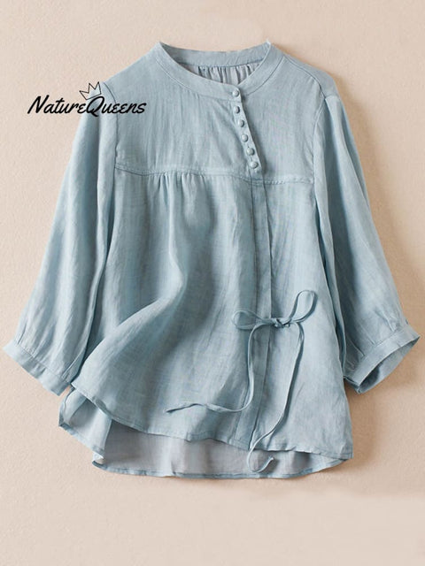 Women's  Solid Color Stand Collar Casual Pullover Chinese Style Cotton And Linen Shirt