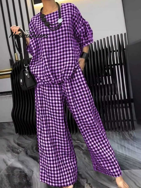 Women's Plaid Round Neck 3/4 Sleeve Loose Tops Casual Pocket Wide Leg Pants Set