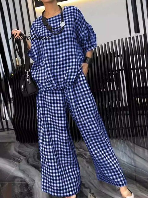 Women's Plaid Round Neck 3/4 Sleeve Loose Tops Casual Pocket Wide Leg Pants Set