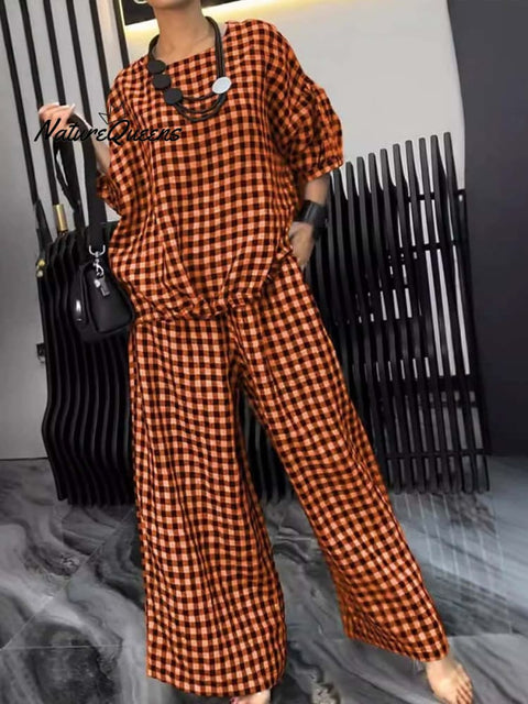 Women's Plaid Round Neck 3/4 Sleeve Loose Tops Casual Pocket Wide Leg Pants Set