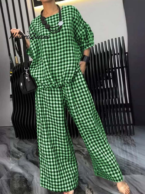 Women's Plaid Round Neck 3/4 Sleeve Loose Tops Casual Pocket Wide Leg Pants Set