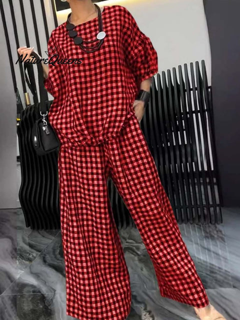Women's Plaid Round Neck 3/4 Sleeve Loose Tops Casual Pocket Wide Leg Pants Set