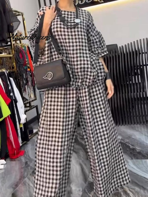 Women's Plaid Round Neck 3/4 Sleeve Loose Tops Casual Pocket Wide Leg Pants Set