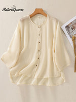 Women's Solid Color Round Neck 3/4 Sleeve Ramie Cardigan Top