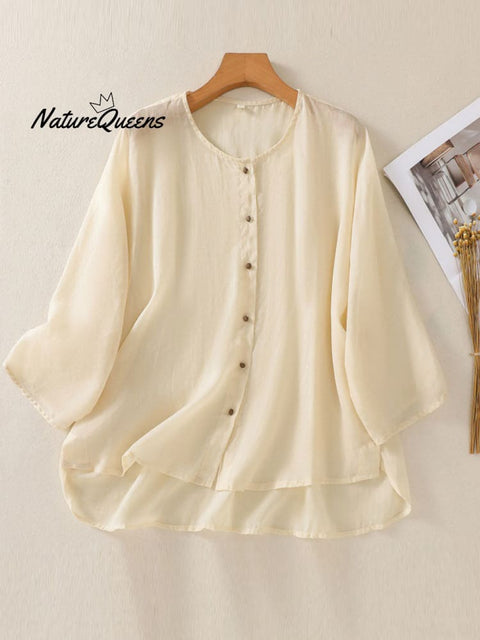 Women's Solid Color Round Neck 3/4 Sleeve Ramie Cardigan Top