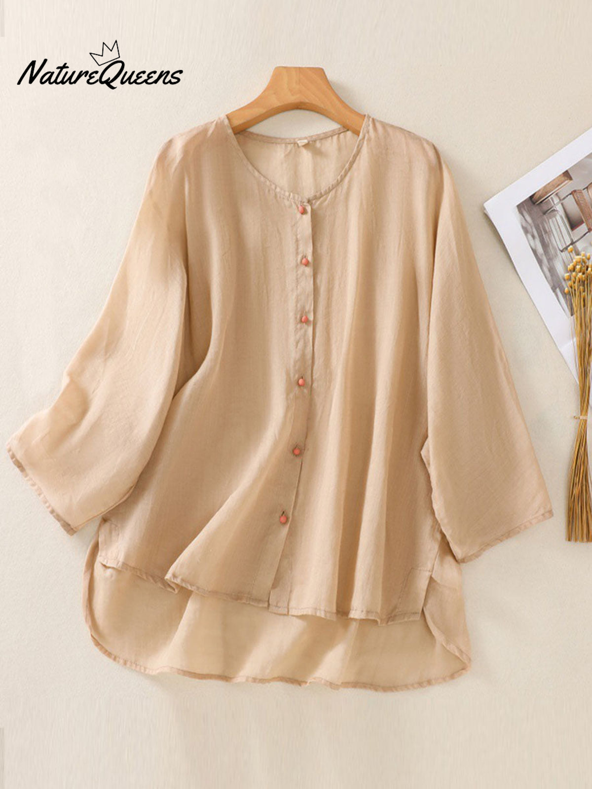 Women's Solid Color Round Neck 3/4 Sleeve Ramie Cardigan Top