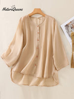 Women's Solid Color Round Neck 3/4 Sleeve Ramie Cardigan Top