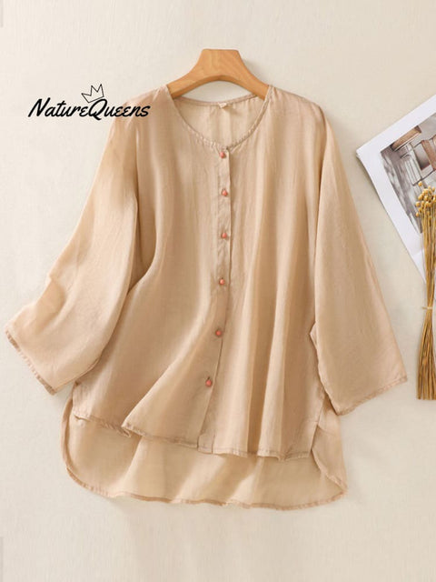 Women's Solid Color Round Neck 3/4 Sleeve Ramie Cardigan Top