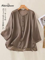 Women's Solid Color Round Neck 3/4 Sleeve Ramie Cardigan Top