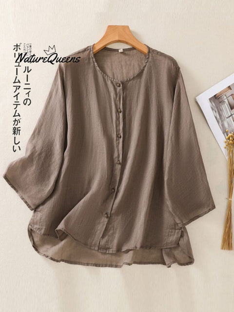 Women's Solid Color Round Neck 3/4 Sleeve Ramie Cardigan Top
