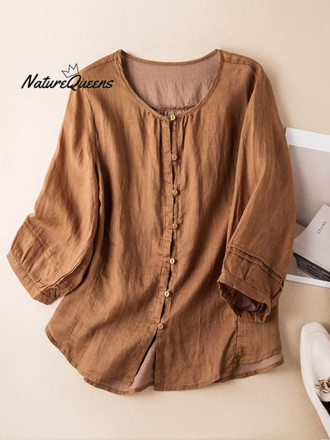 Women's Solid Color Round Neck 3/4 Sleeves Casual Linen Cardigan Tops