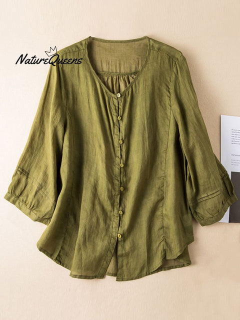Women's Solid Color Round Neck 3/4 Sleeves Casual Linen Cardigan Tops