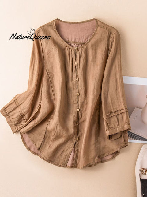 Women's Solid Color Round Neck 3/4 Sleeves Casual Linen Cardigan Tops