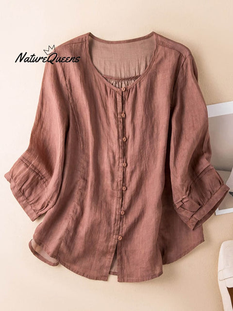 Women's Solid Color Round Neck 3/4 Sleeves Casual Linen Cardigan Tops