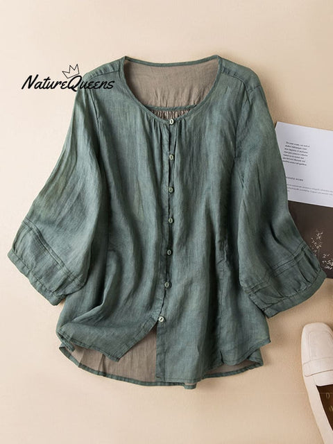 Women's Solid Color Round Neck 3/4 Sleeves Casual Linen Cardigan Tops