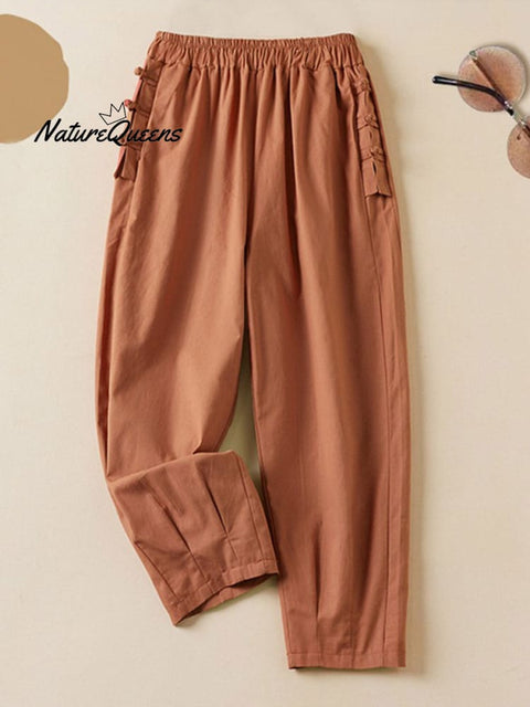 Women's Solid Color Elastic Waist Button Nine Points Casual Cotton And Linen Harem Pants