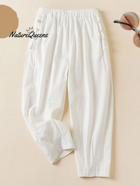 Women's Solid Color Elastic Waist Button Nine Points Casual Cotton And Linen Harem Pants