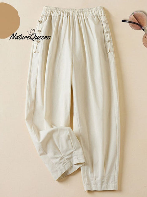 Women's Solid Color Elastic Waist Button Nine Points Casual Cotton And Linen Harem Pants