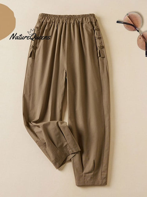 Women's Solid Color Elastic Waist Button Nine Points Casual Cotton And Linen Harem Pants