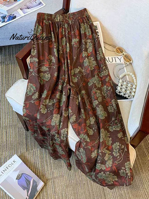 Women's Elastic Waist Ribbon Printed Pockets Wide Leg Pants