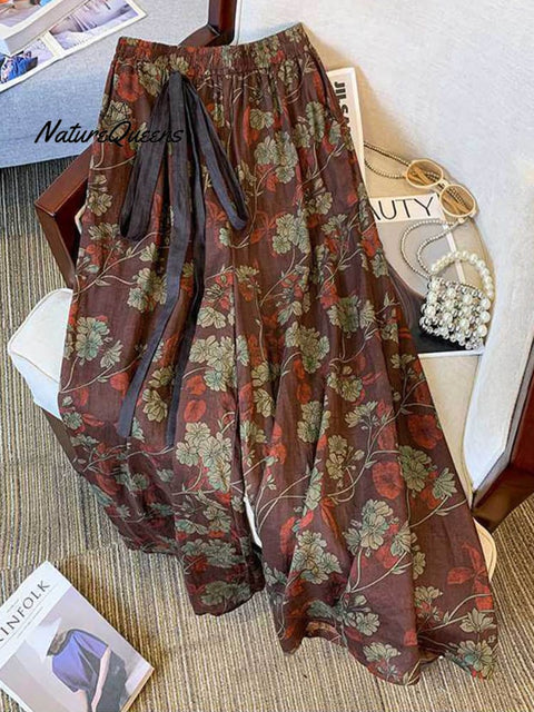 Women's Elastic Waist Ribbon Printed Pockets Wide Leg Pants