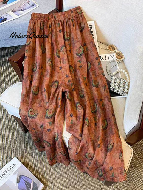 Women's Elastic Waist Ribbon Printed Pockets Wide Leg Pants