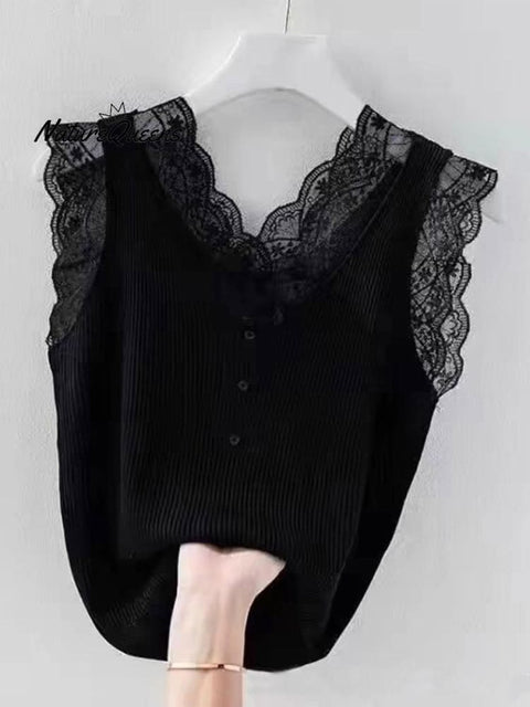 Women's Solid Color Threaded Ice Silk Lace Stitching Vest Tops