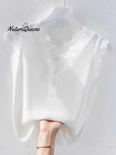 Women's Solid Color Threaded Ice Silk Lace Stitching Vest Tops
