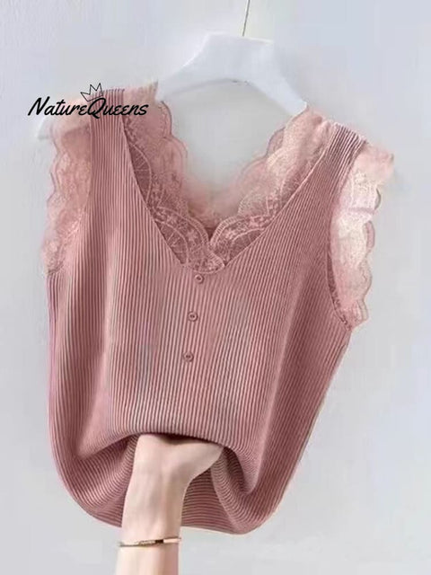 Women's Solid Color Threaded Ice Silk Lace Stitching Vest Tops
