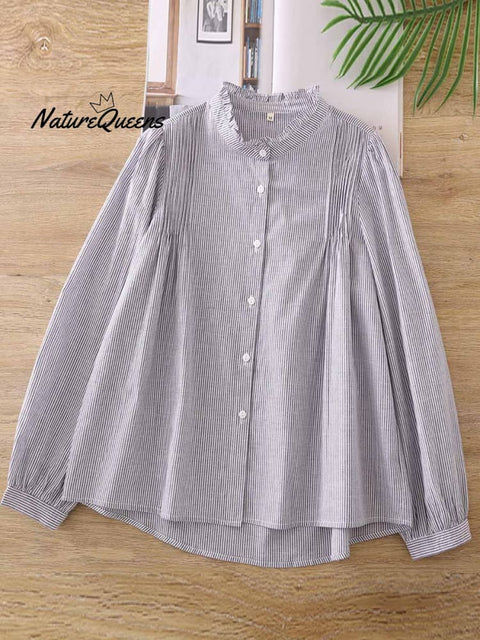 Women's  Ruffle Stand Collar Long Sleeve Casual Loose Cardigan Shirt