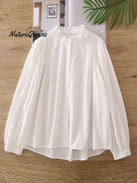 Women's  Ruffle Stand Collar Long Sleeve Casual Loose Cardigan Shirt