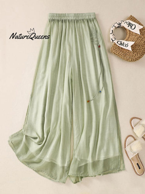 Women's Elastic Waist Side Long Strap Embroidery Double Layer Slit Wide Leg Pants Culottes