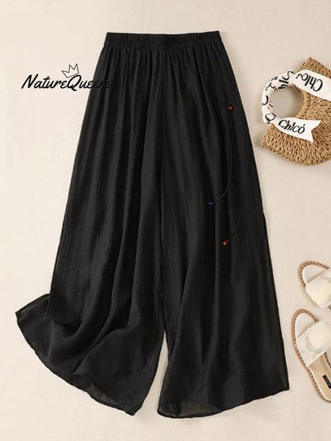 Women's Elastic Waist Side Long Strap Embroidery Double Layer Slit Wide Leg Pants Culottes