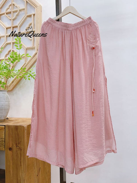Women's Elastic Waist Side Long Strap Embroidery Double Layer Slit Wide Leg Pants Culottes