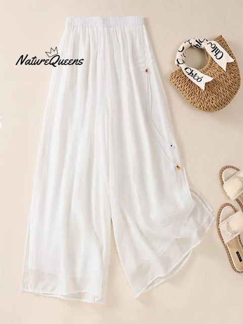 Women's Elastic Waist Side Long Strap Embroidery Double Layer Slit Wide Leg Pants Culottes